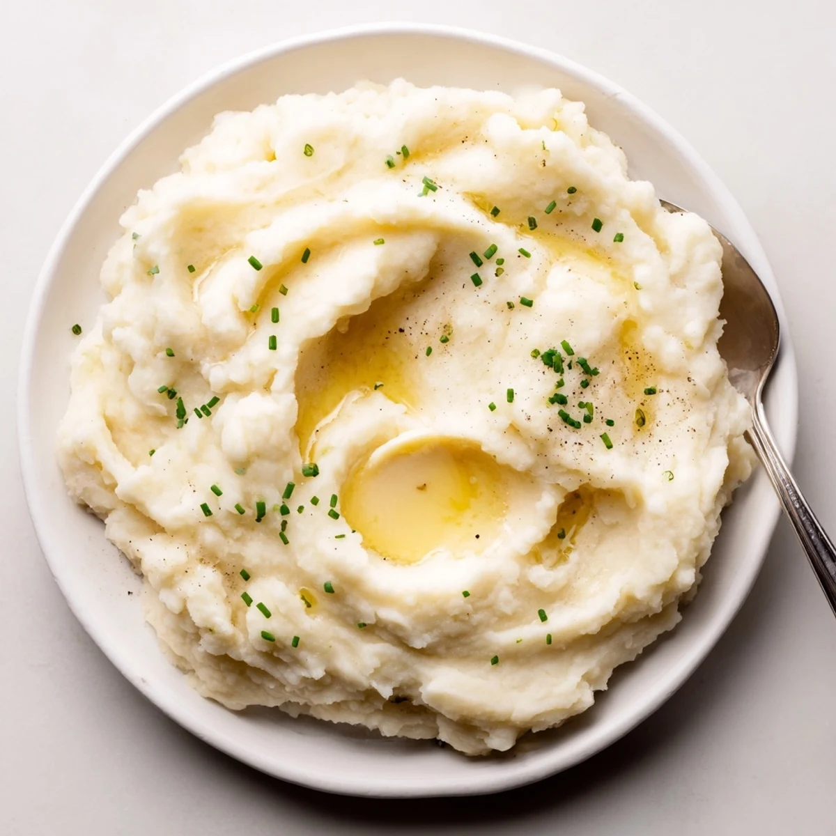 Creamy Mashed Potatoes whipped with butter and warm milk, ready to serve