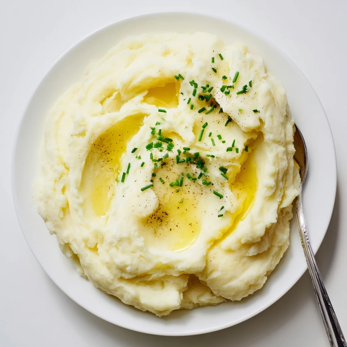 Mashed Potatoes garnished with chopped chives, velvety texture, warm and inviting