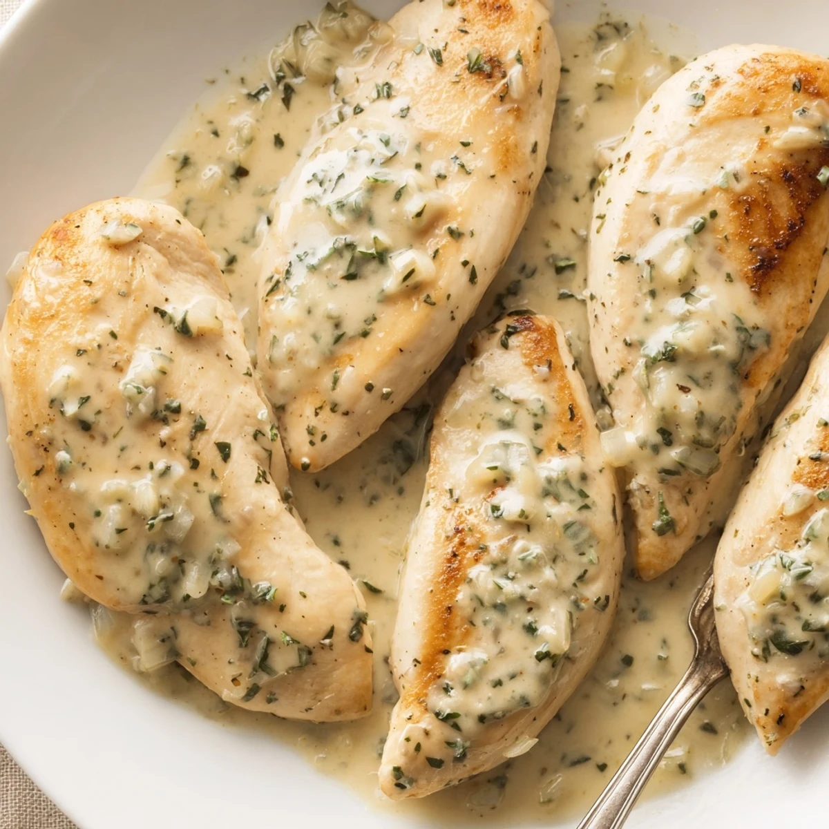 Creamy Herb Chicken glazed in silky sauce over buttery mashed potatoes.