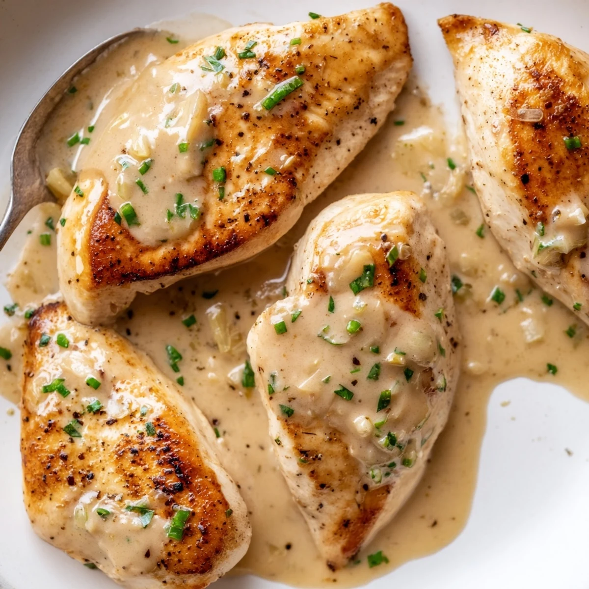 Pan seared Creamy Herb Chicken steaming in skillet with chopped parsley.