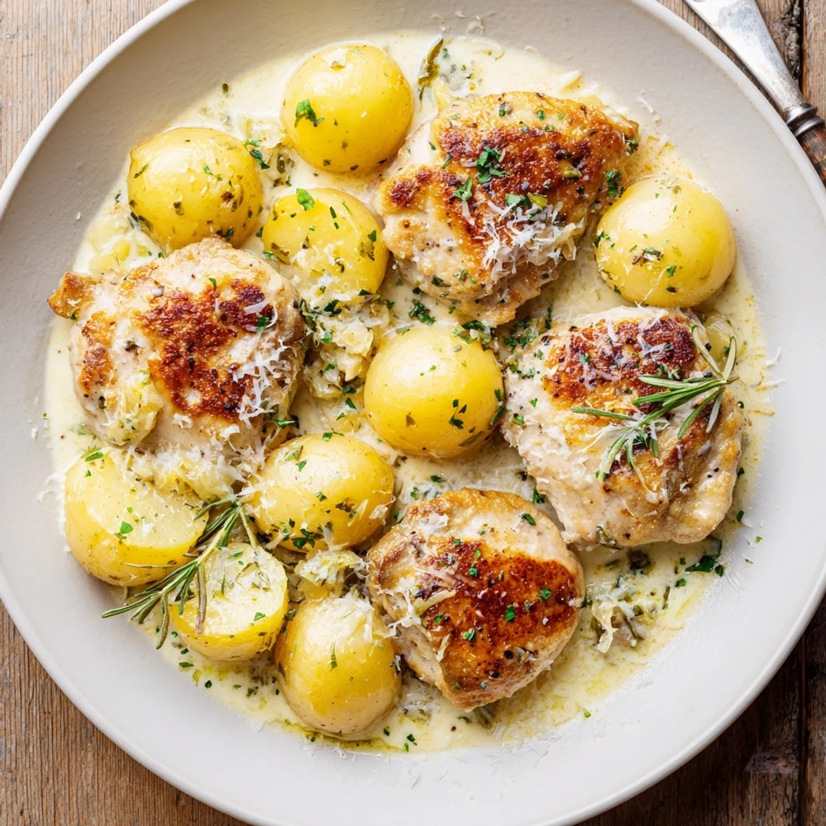 Golden seared breasts rest atop potatoes in Creamy Herb Chicken Potatoes Recipe