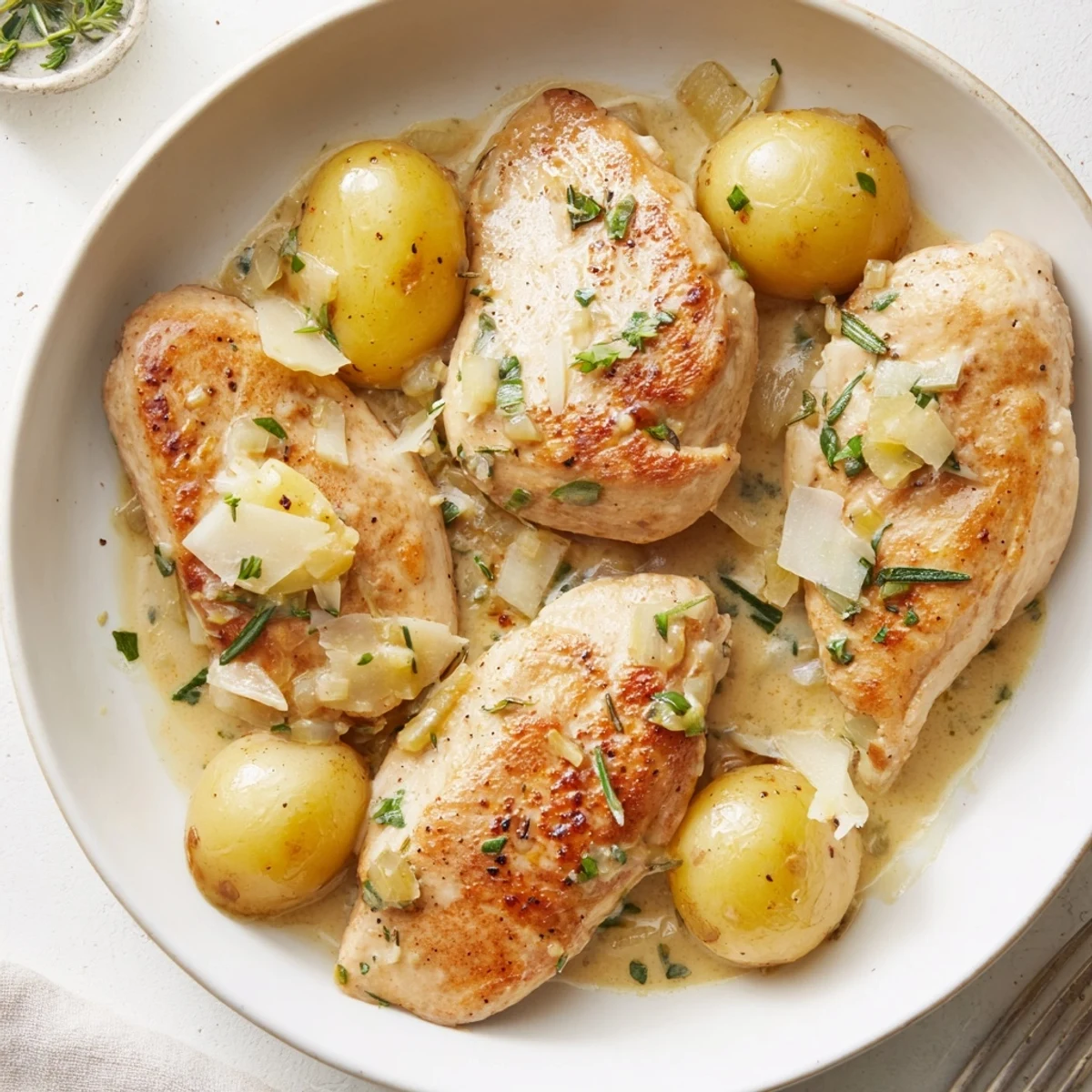 Creamy Herb Chicken Potatoes Recipe finished with Parmesan and rosemary, ready to serve