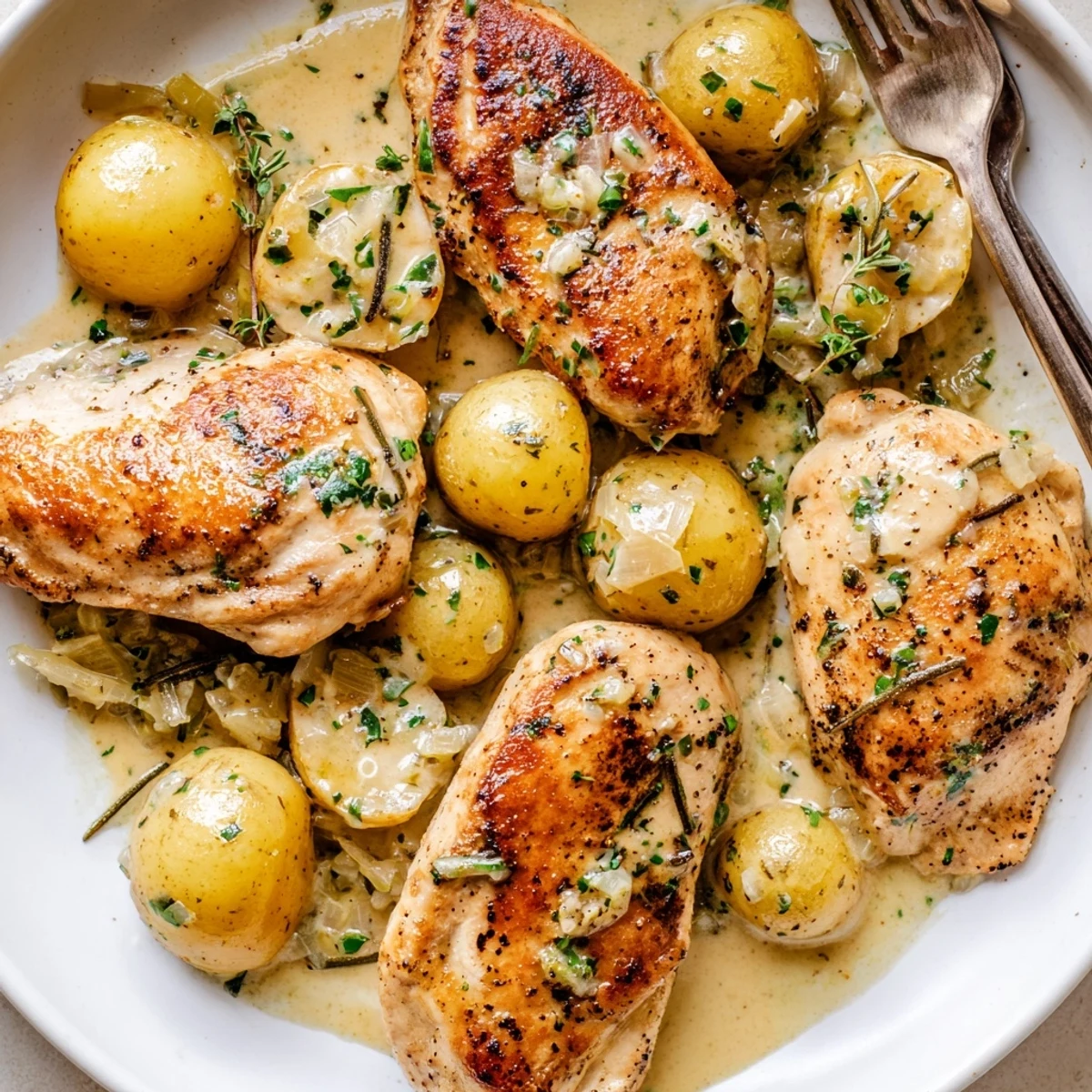 Warm Creamy Herb Chicken Potatoes Recipe served hot, garnished with fresh parsley