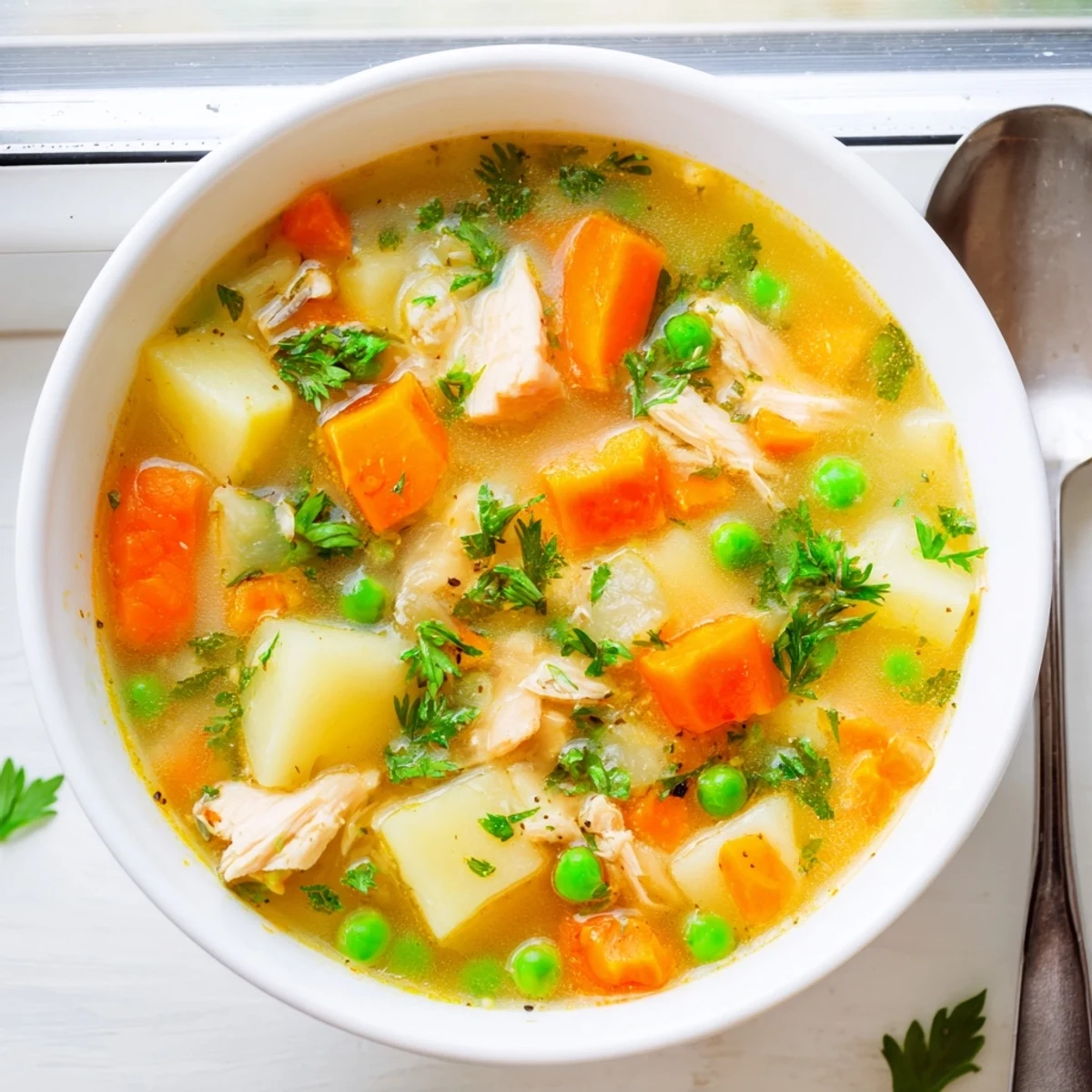 Steaming bowl of comforting chicken soup with potatoes featuring tender chunks and fresh parsley garnish