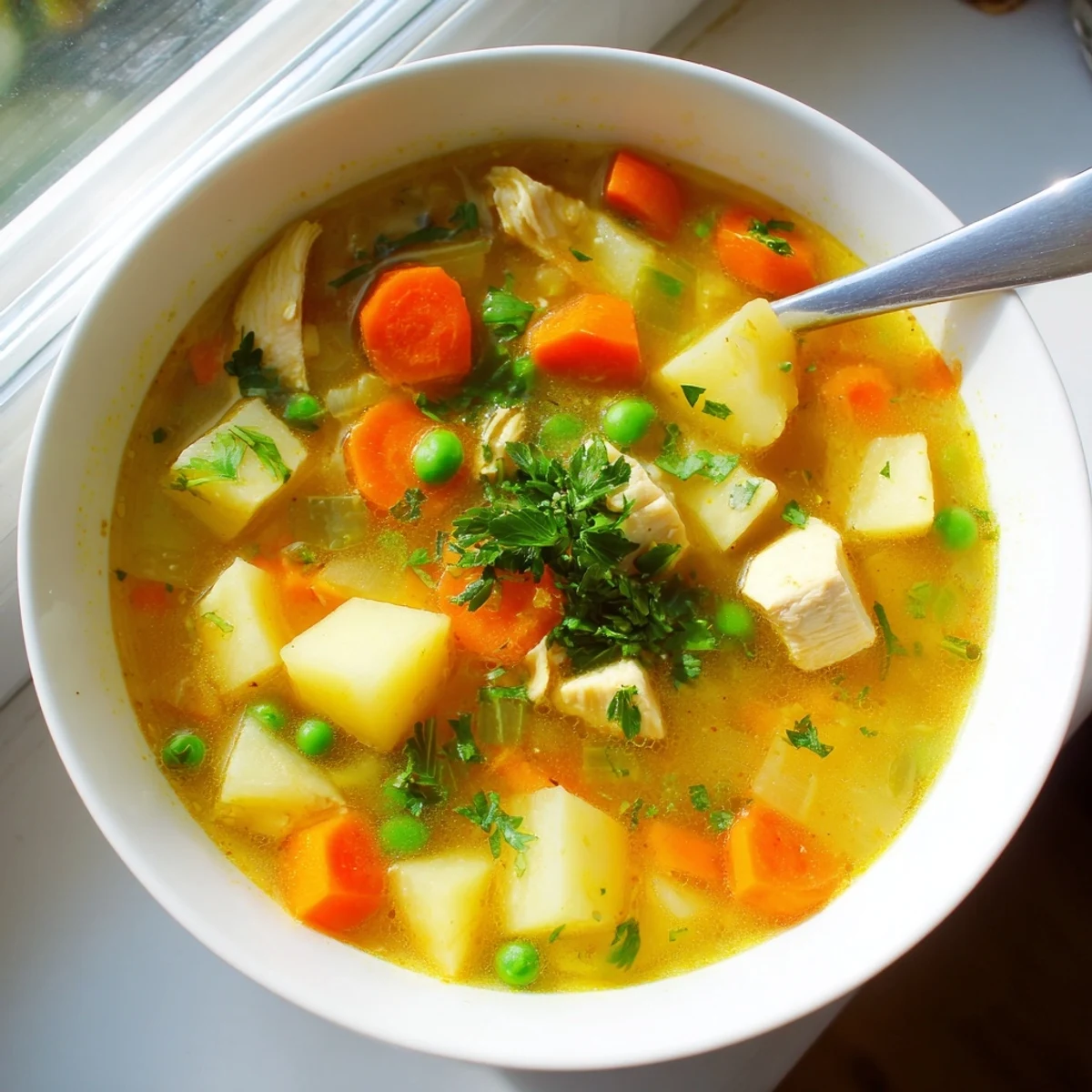 Hearty chicken soup with potatoes in rich broth loaded with vegetables for a cozy dinner