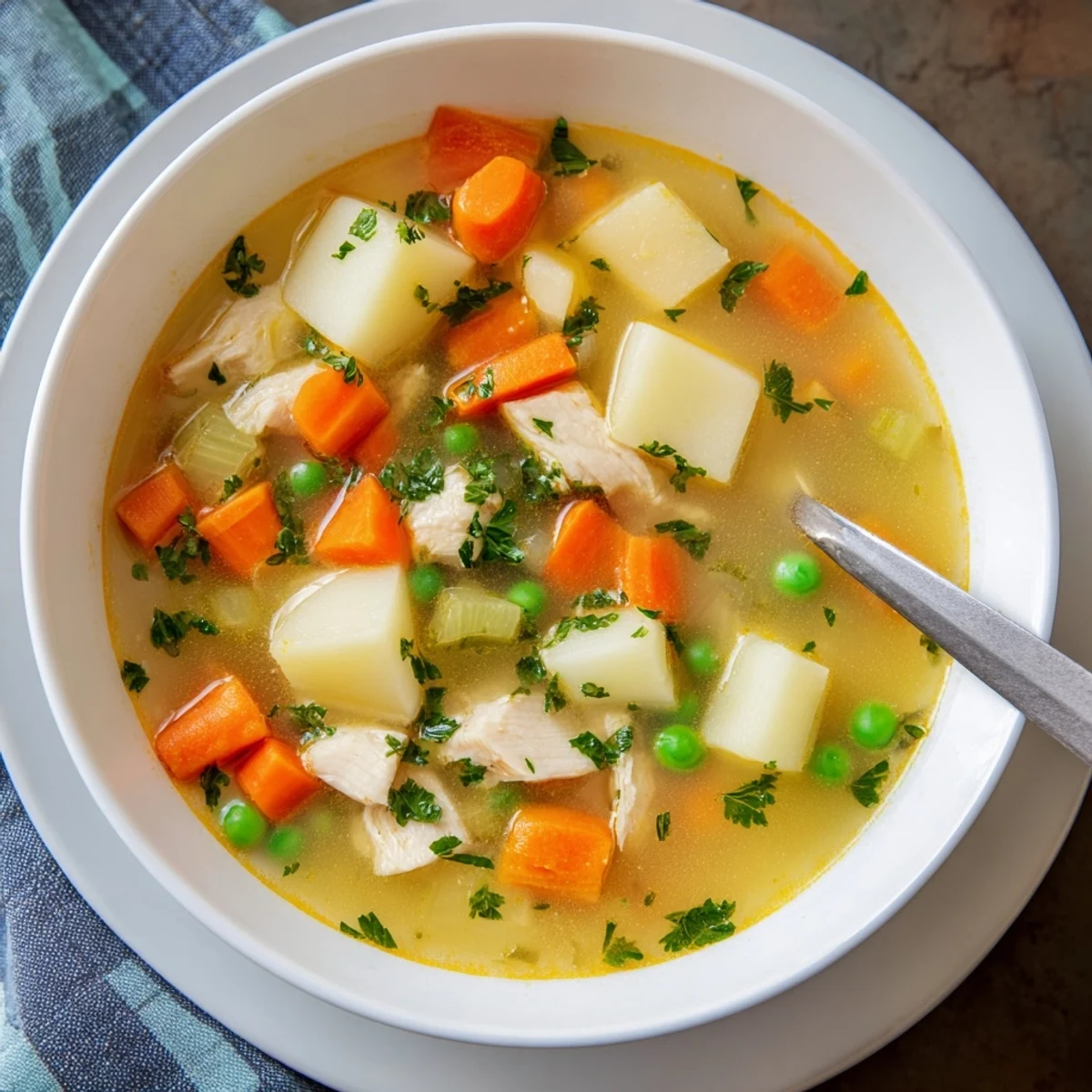 Homemade comforting chicken soup with potatoes served hot with cubed vegetables and fragrant herbs
