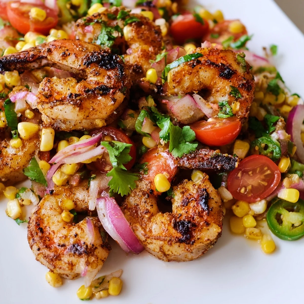 Golden grilled smoky charred shrimp with corn salsa served on white plate