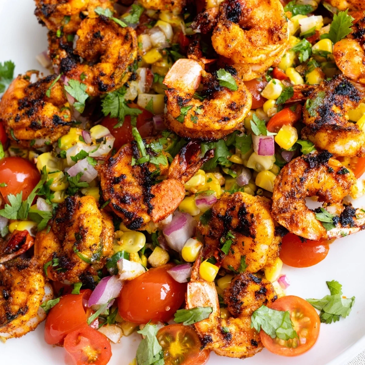 Plump shrimp seasoned with spices and served atop fresh vibrant corn salsa