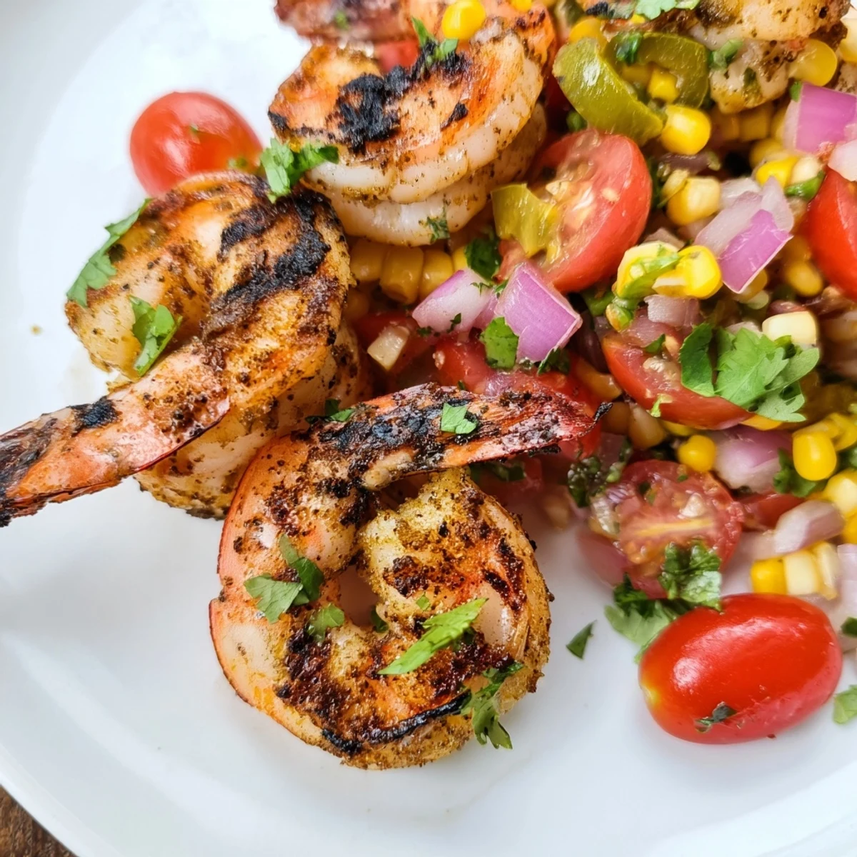 Delicious smoky charred shrimp with corn salsa garnished with cilantro and lime
