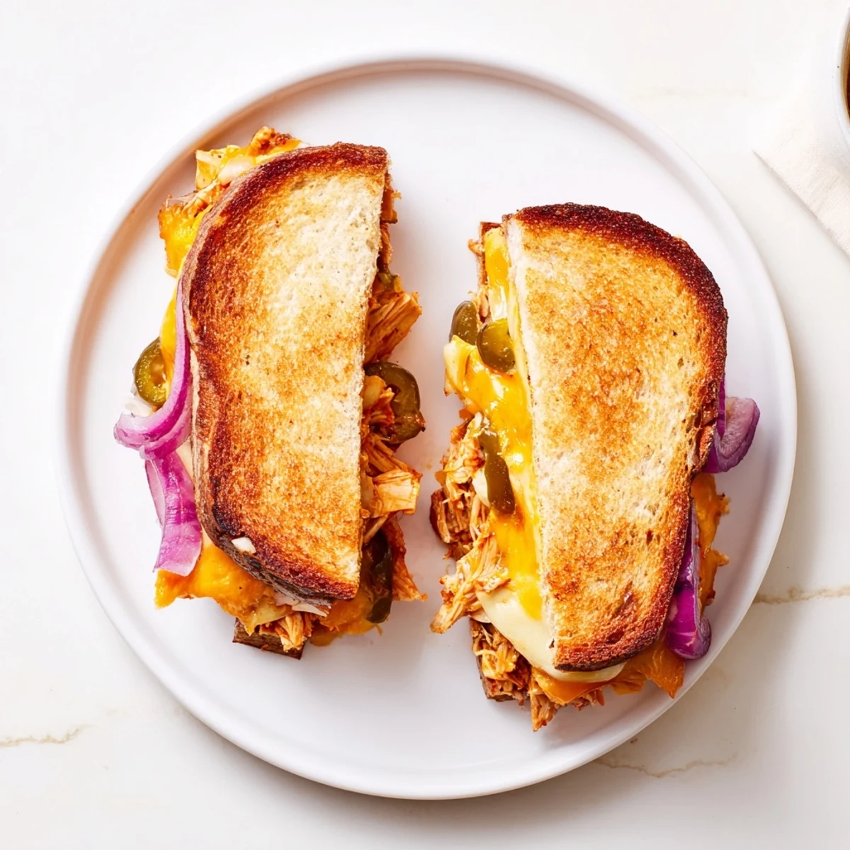 Golden BBQ chicken grilled cheese sandwich with melted cheddar and sourdough bread