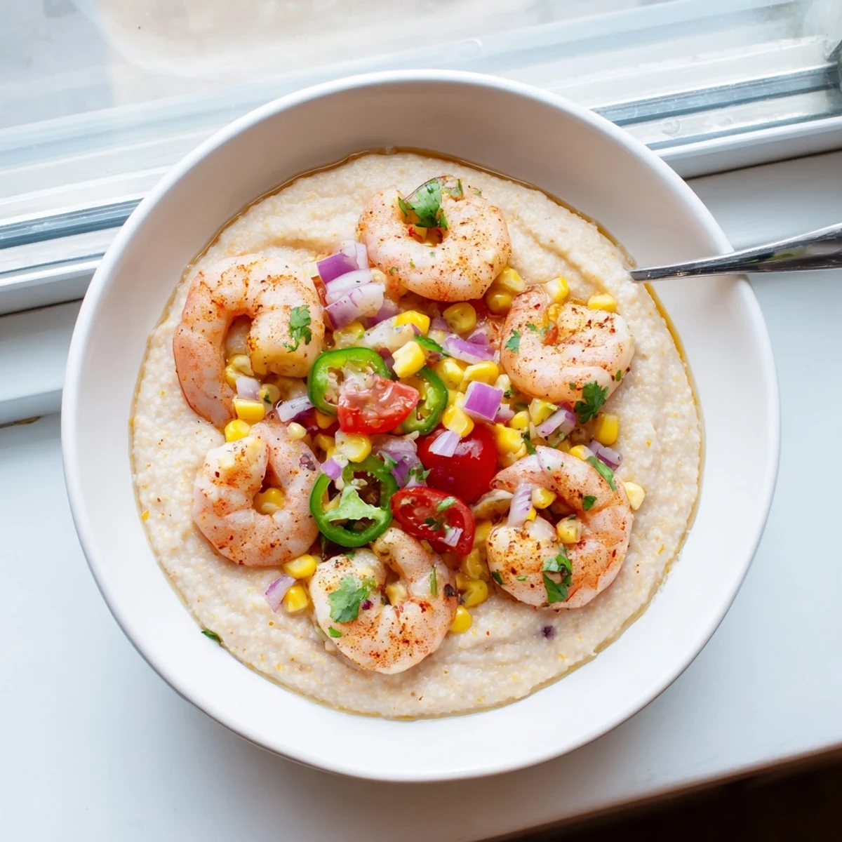 Creamy shrimp grits topped with zesty corn salsa in a rustic white bowl