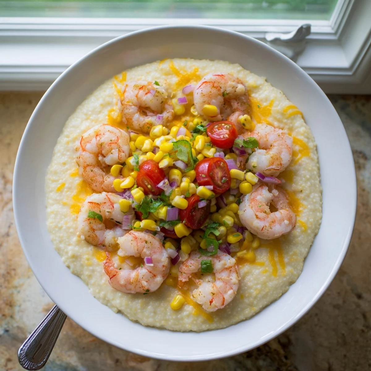 Golden sautéed shrimp resting on cheddar cheese grits with fresh tomato corn relish