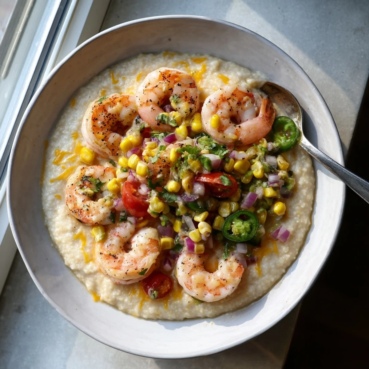 Southern-style shrimp and grits plated with vibrant lime corn salsa and cilantro garnish