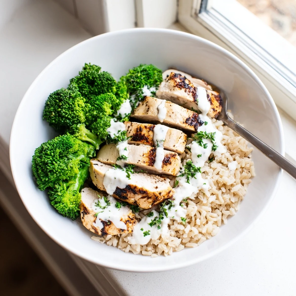 Sliced grilled chicken and steamed broccoli drizzled with white garlic yogurt sauce over brown rice