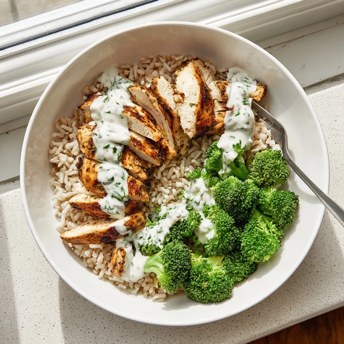 Golden brown chicken breast pieces with crisp broccoli florets topped with creamy homemade garlic dressing
