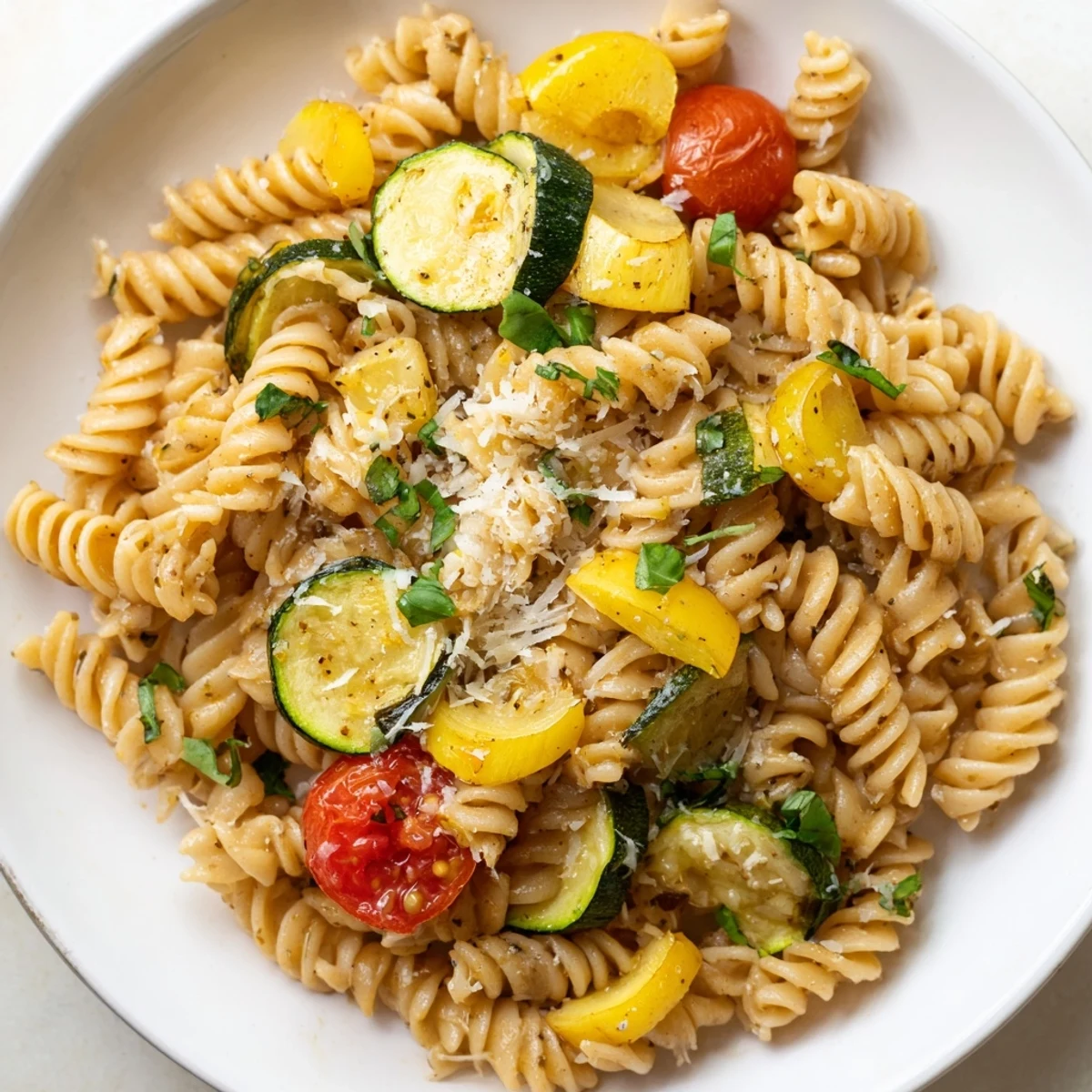 Golden summer squash pasta skillet with tender zucchini, ripe cherry tomatoes, and fresh basil in a light olive oil sauce