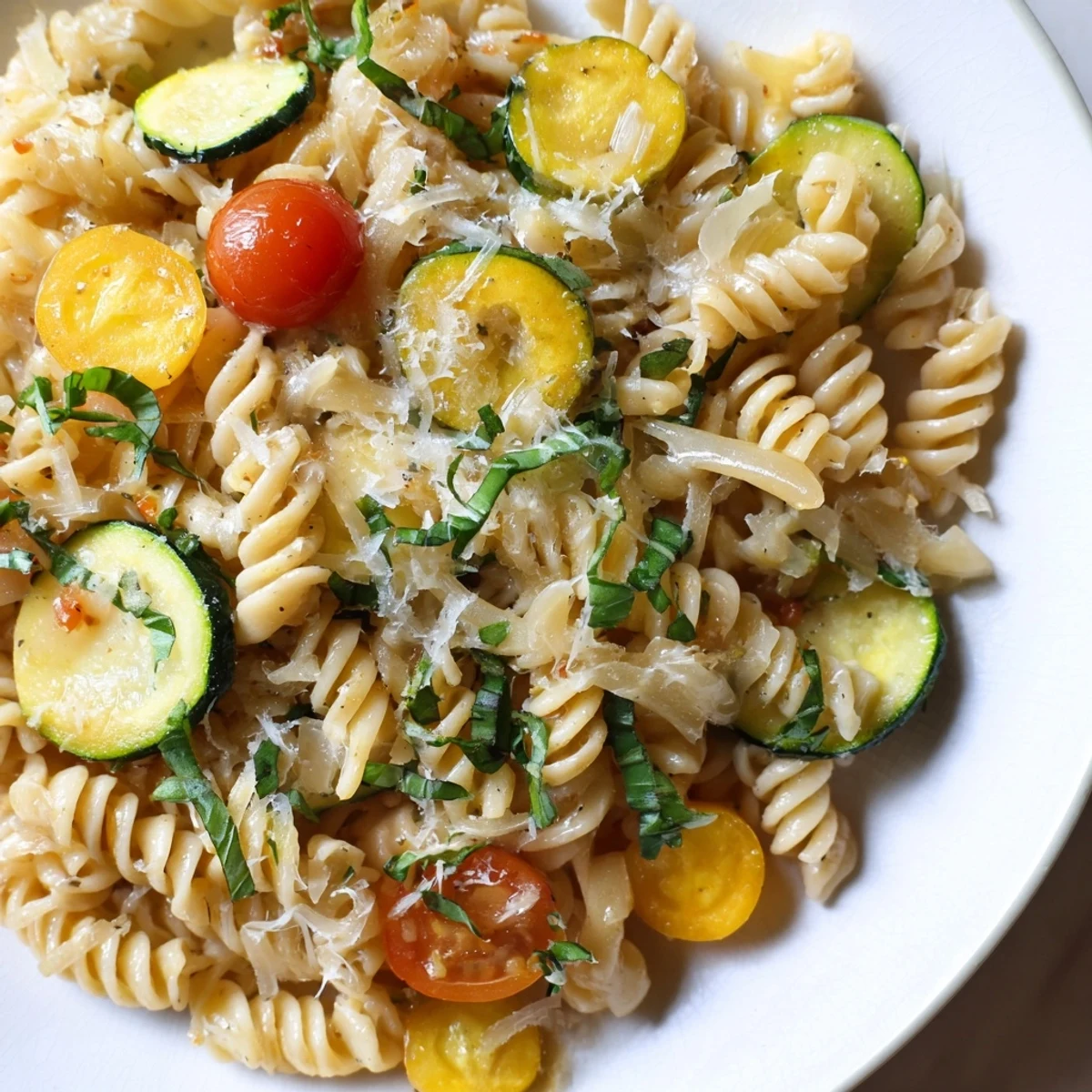 Vibrant skillet of summer squash pasta tossed with herbs, garlic, and juicy tomatoes for an easy weeknight dinner