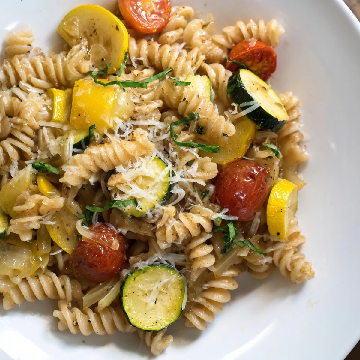 One-pan summer squash pasta featuring colorful vegetables, al dente noodles, and grated Parmesan in a rustic skillet