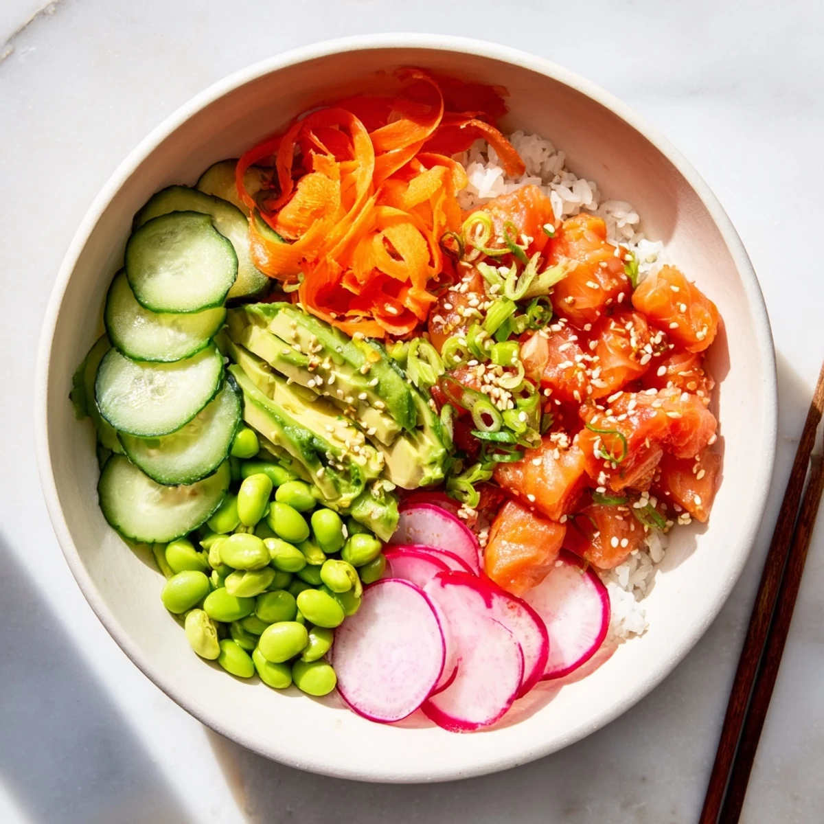 Colorful salmon and avocado poke bowl with fresh vegetables over seasoned rice