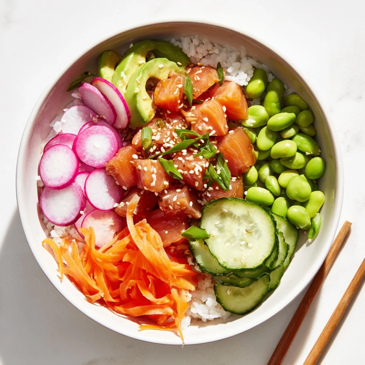 Homemade salmon and avocado poke bowl featuring marinated fish with crisp cucumber and edamame