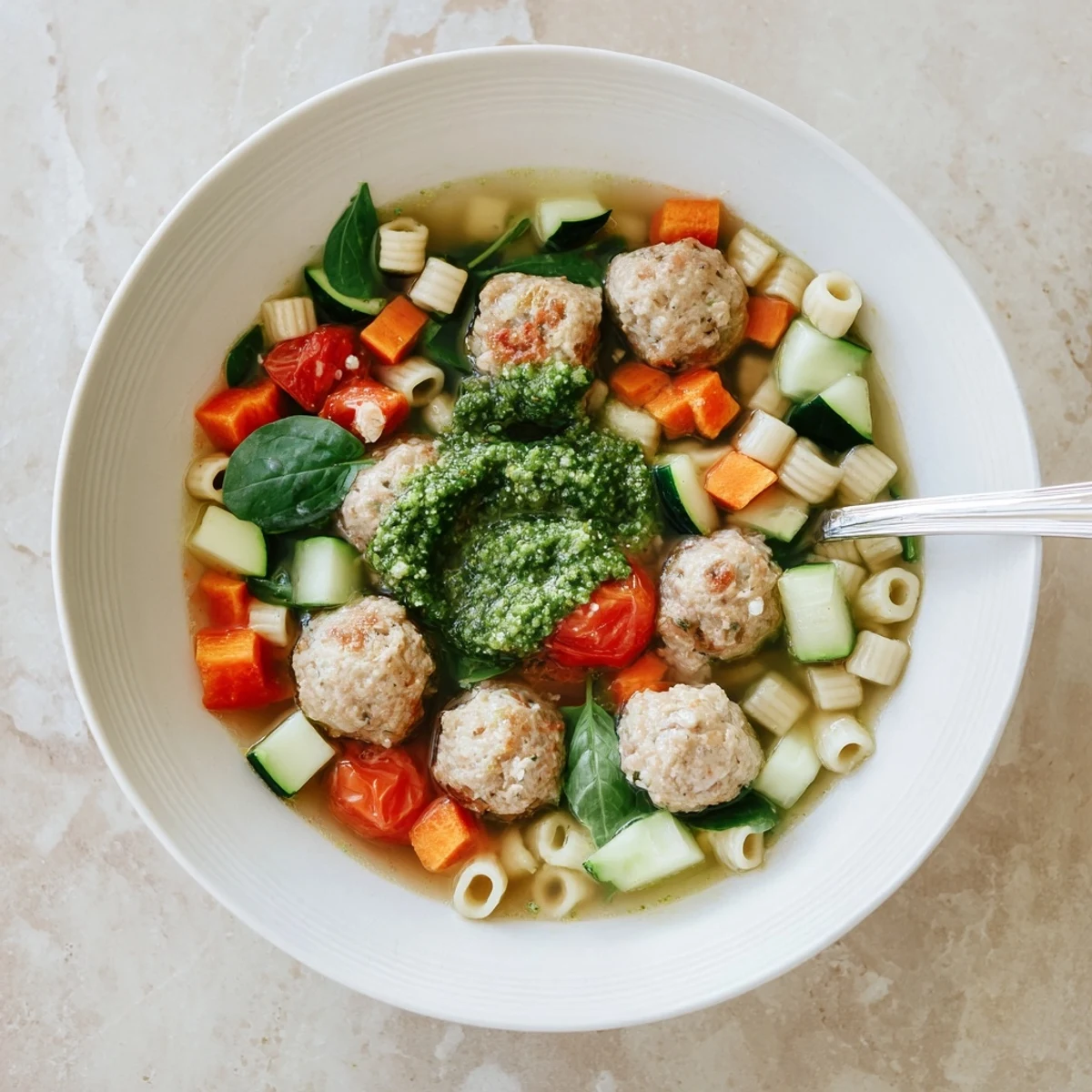 Golden summer pesto mini meatball soup steaming in white bowls with vibrant green basil swirl