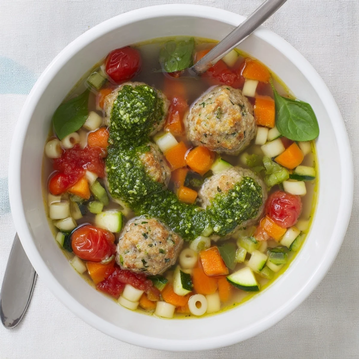 Hearty bowl of summer pesto mini meatball soup loaded with fresh vegetables and tender pasta