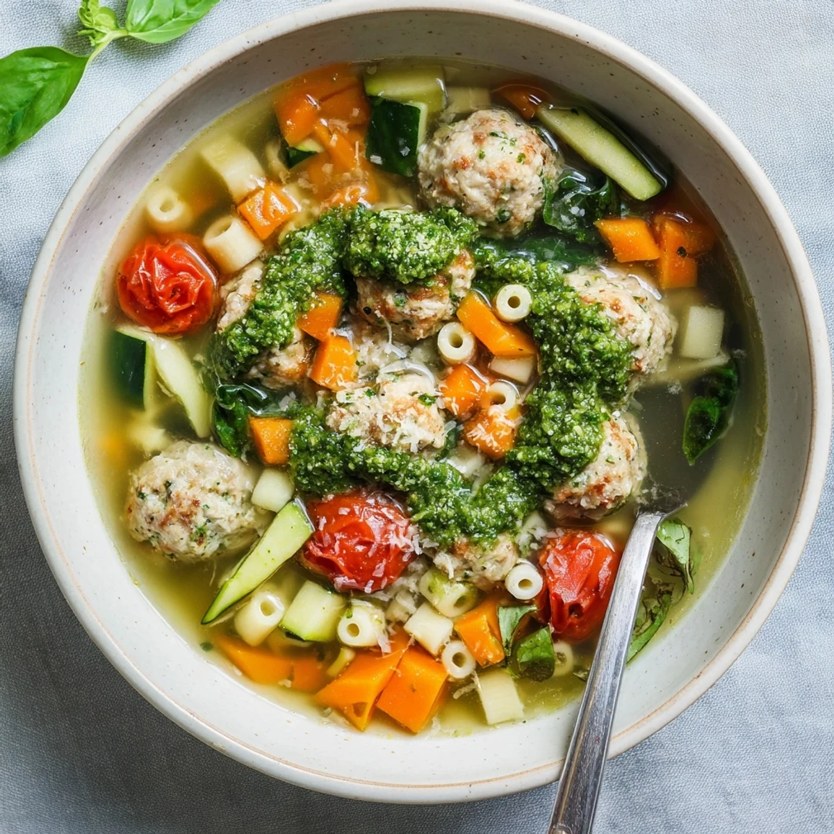 Close up of summer pesto mini meatball soup featuring colorful zucchini tomatoes and spinach