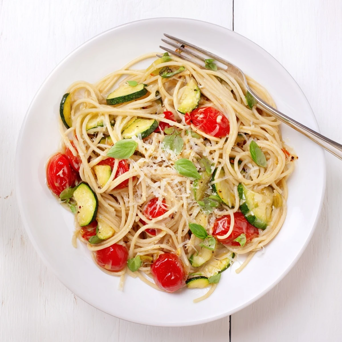 Fresh tomato zucchini pasta tossed in olive oil with melted parmesan cheese