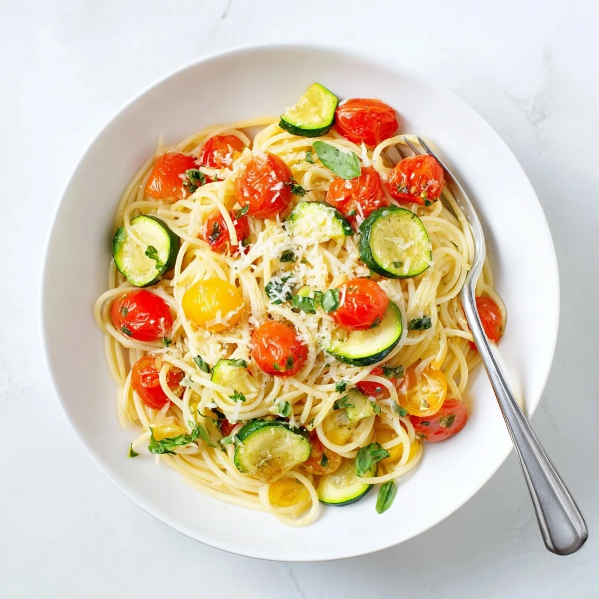 Colorful bowl of tomato zucchini pasta with cherry tomatoes and fresh basil garnish