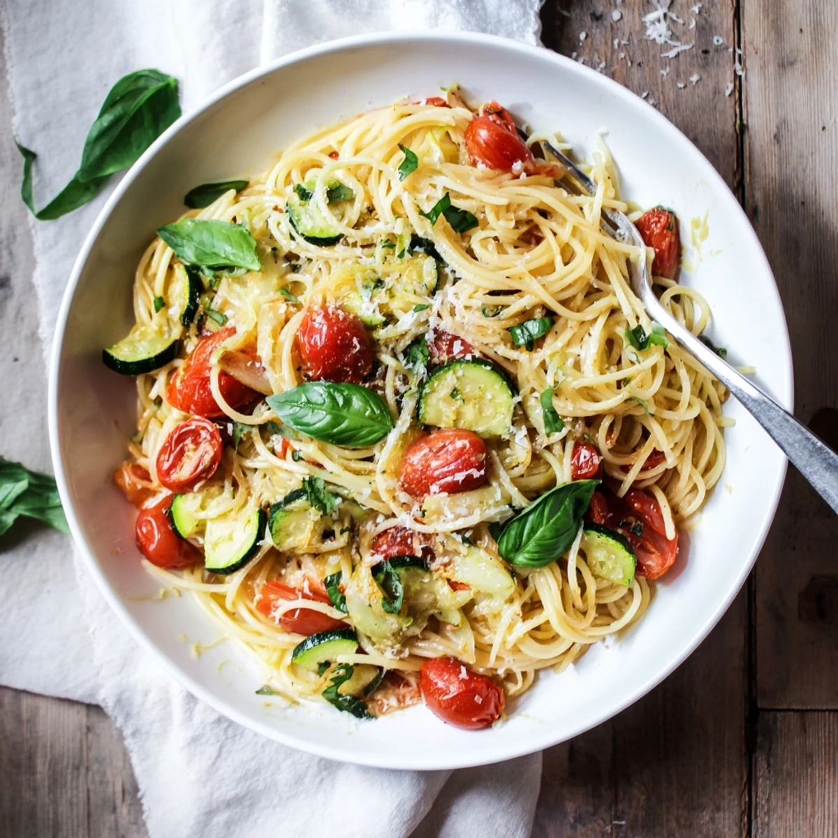 Savory tomato zucchini pasta plated with zucchini rounds and grated parmesan topping