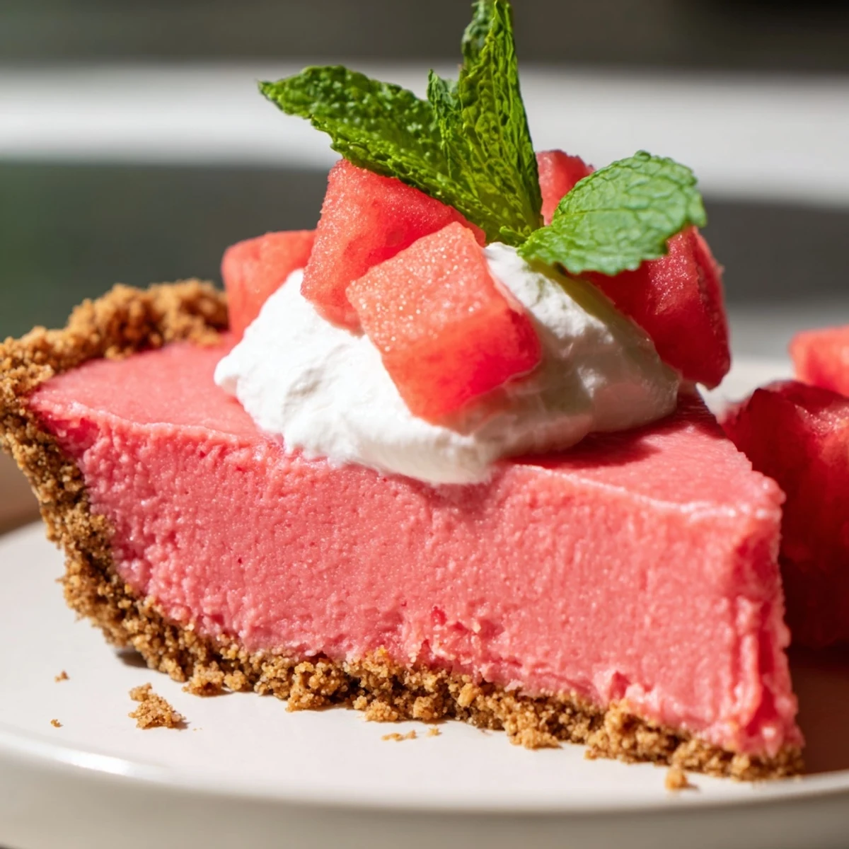 Refreshing watermelon pie with creamy pink filling in a graham cracker crust, topped with fresh mint