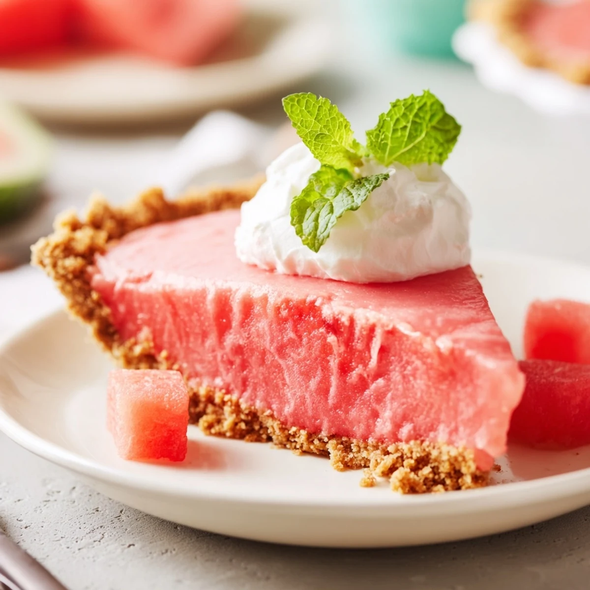 Chilled watermelon pie dessert showcasing vibrant pink slices on a white serving plate for summer parties