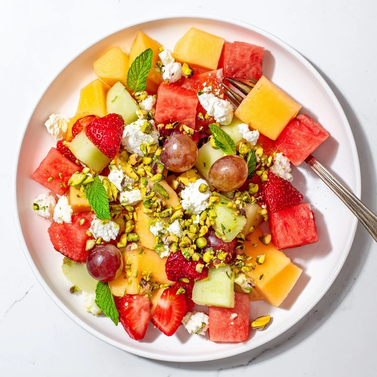 Summer bliss fruit salad featuring watermelon, strawberries, cantaloupe, and honeydew with crumbled feta and fresh mint