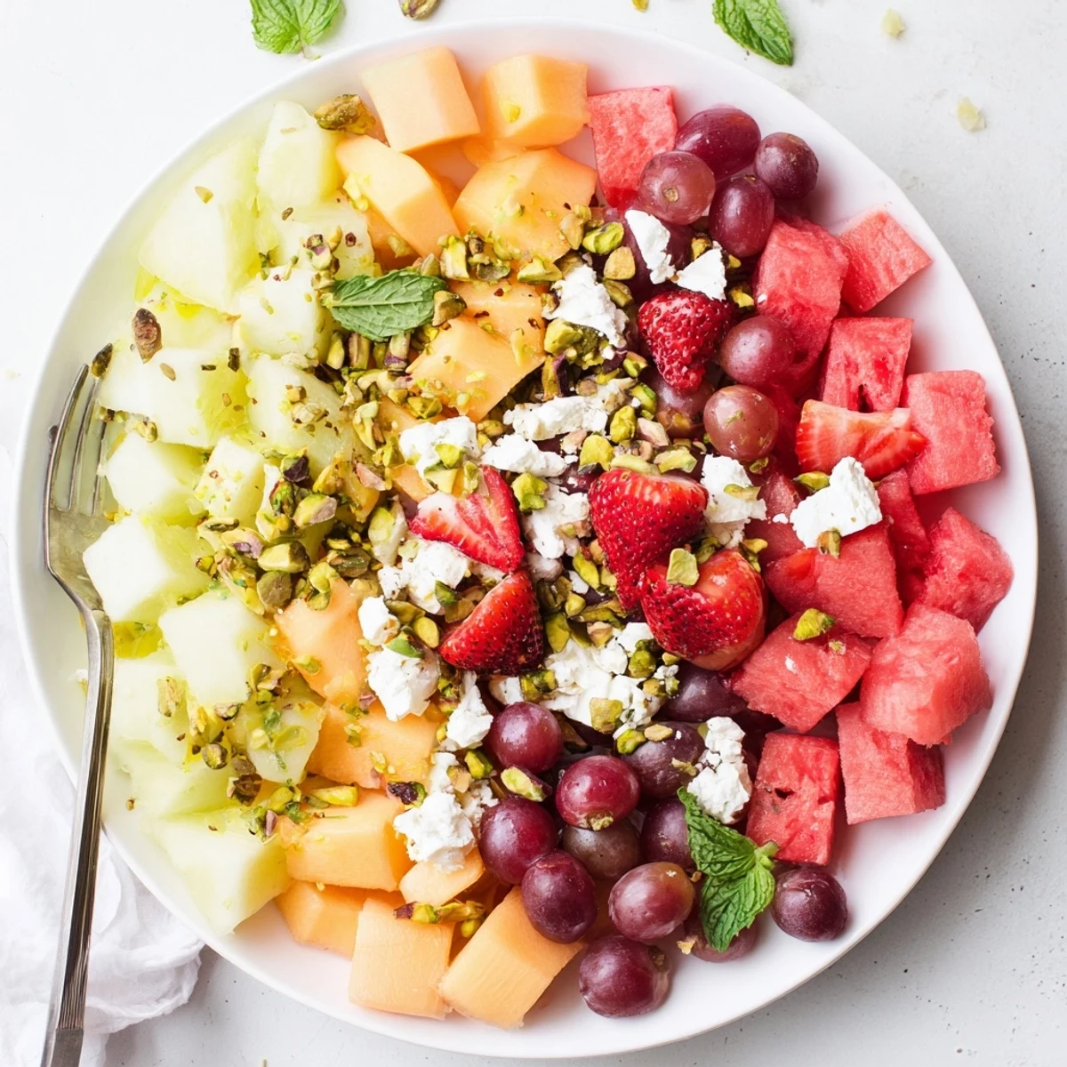 Refreshing summer fruit salad bowl drizzled with lime honey dressing and topped with toasted pistachios