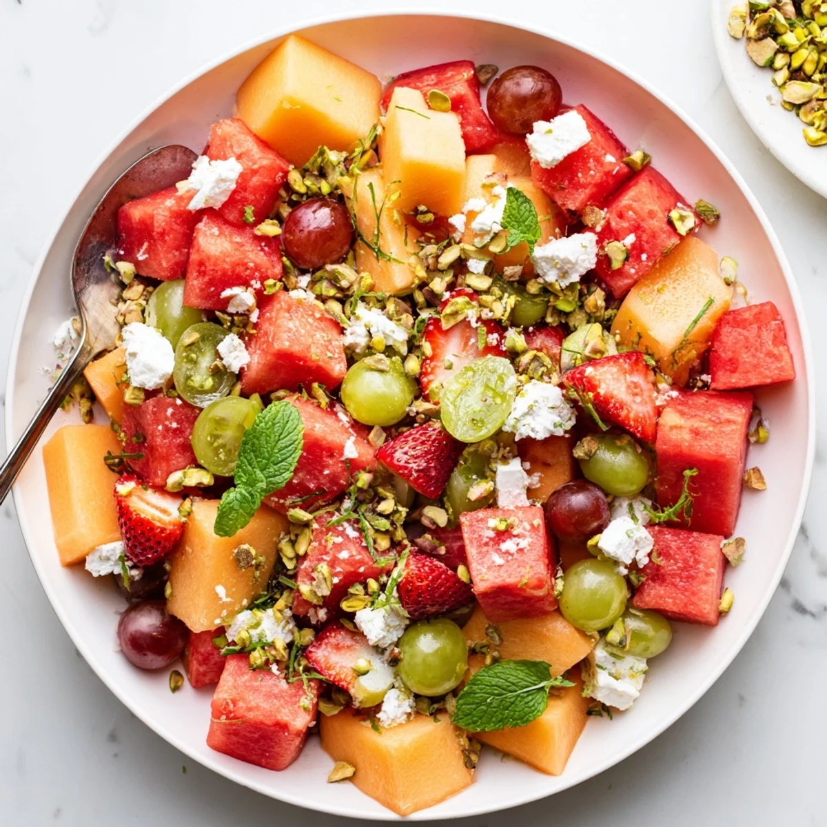 Vibrant mixed summer fruit salad with ripe melons, berries, creamy feta cheese, and aromatic herbs