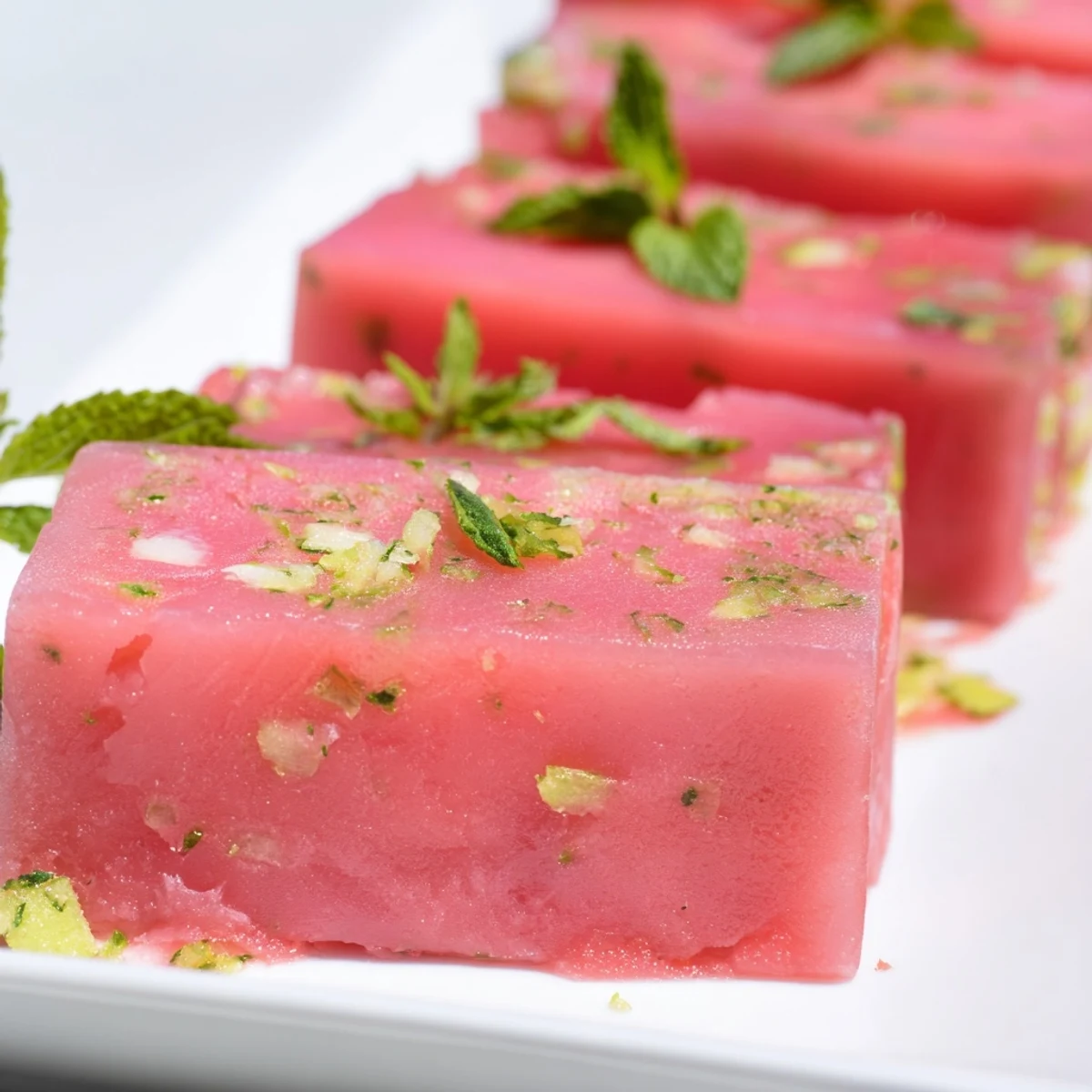Pink watermelon lime dessert bars cut into squares on a wooden cutting board with mint sprigs