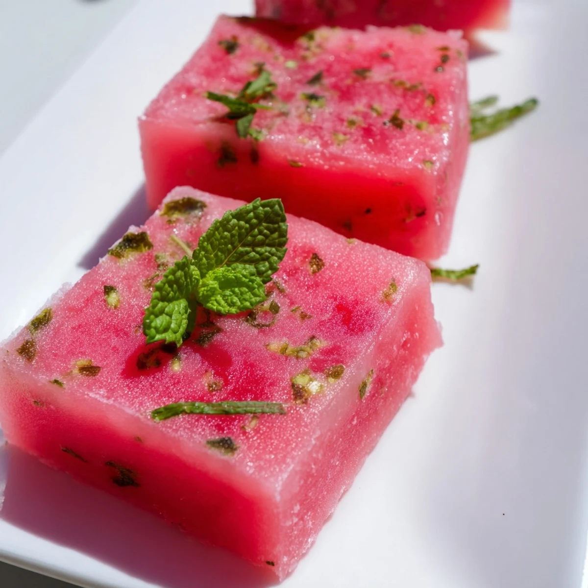 Frozen watermelon lime bars garnished with fresh mint and lime wedges on a white serving plate