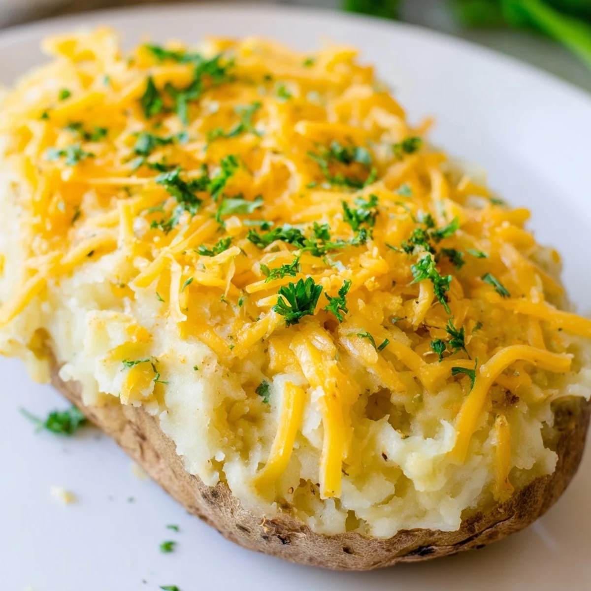 Golden Shepherd's Pie baked potato with fluffy mashed potato topping and savory lamb filling