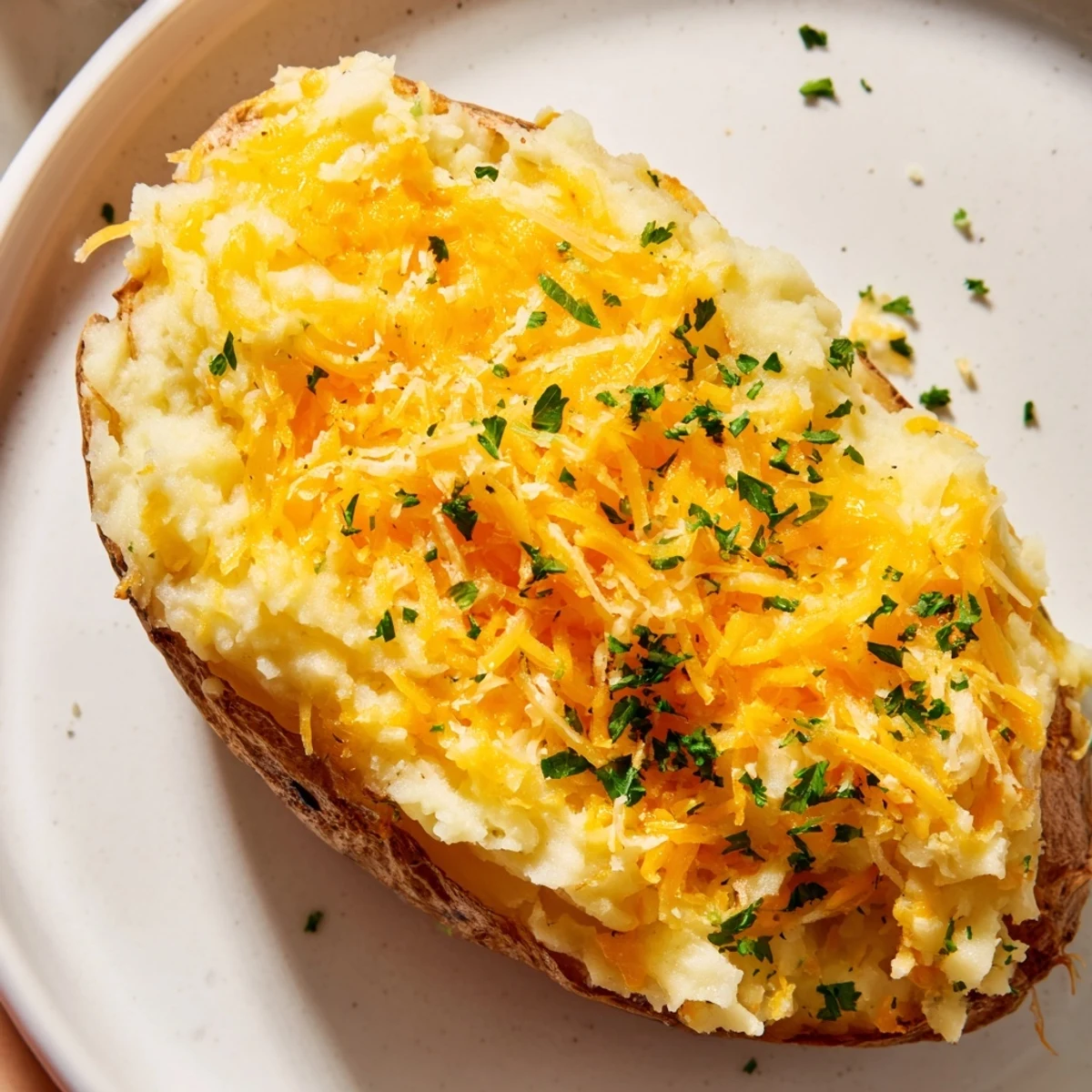 Hearty Shepherd's Pie baked potato topped with creamy mashed potatoes and fresh parsley garnish