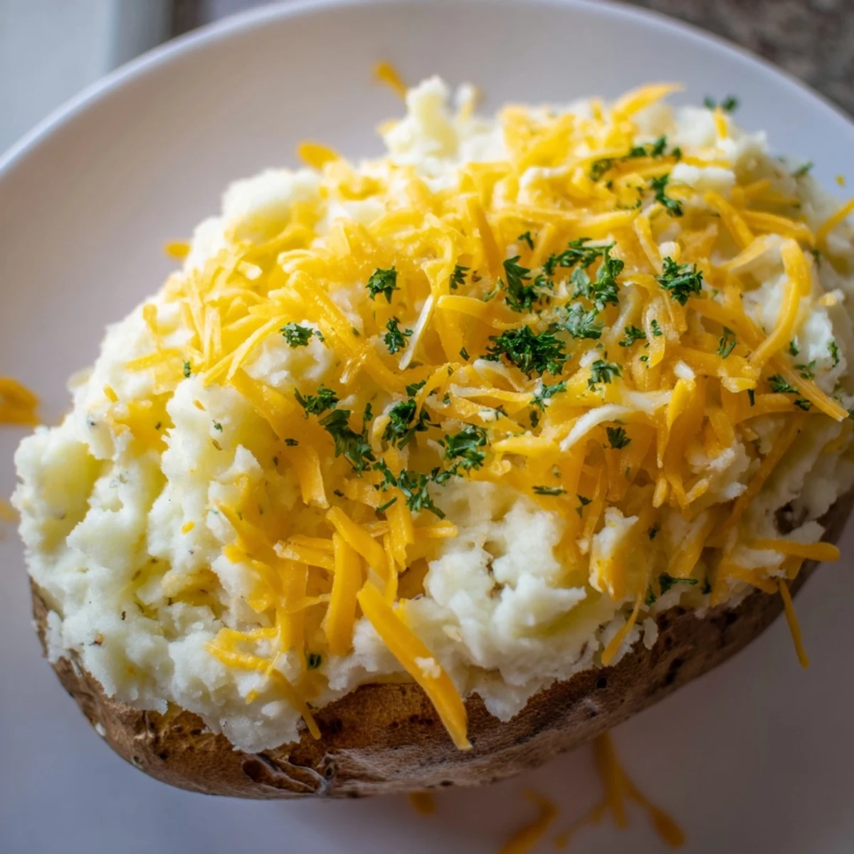 Savory Shepherd's Pie baked potato featuring seasoned lamb and vegetables under golden mashed crust