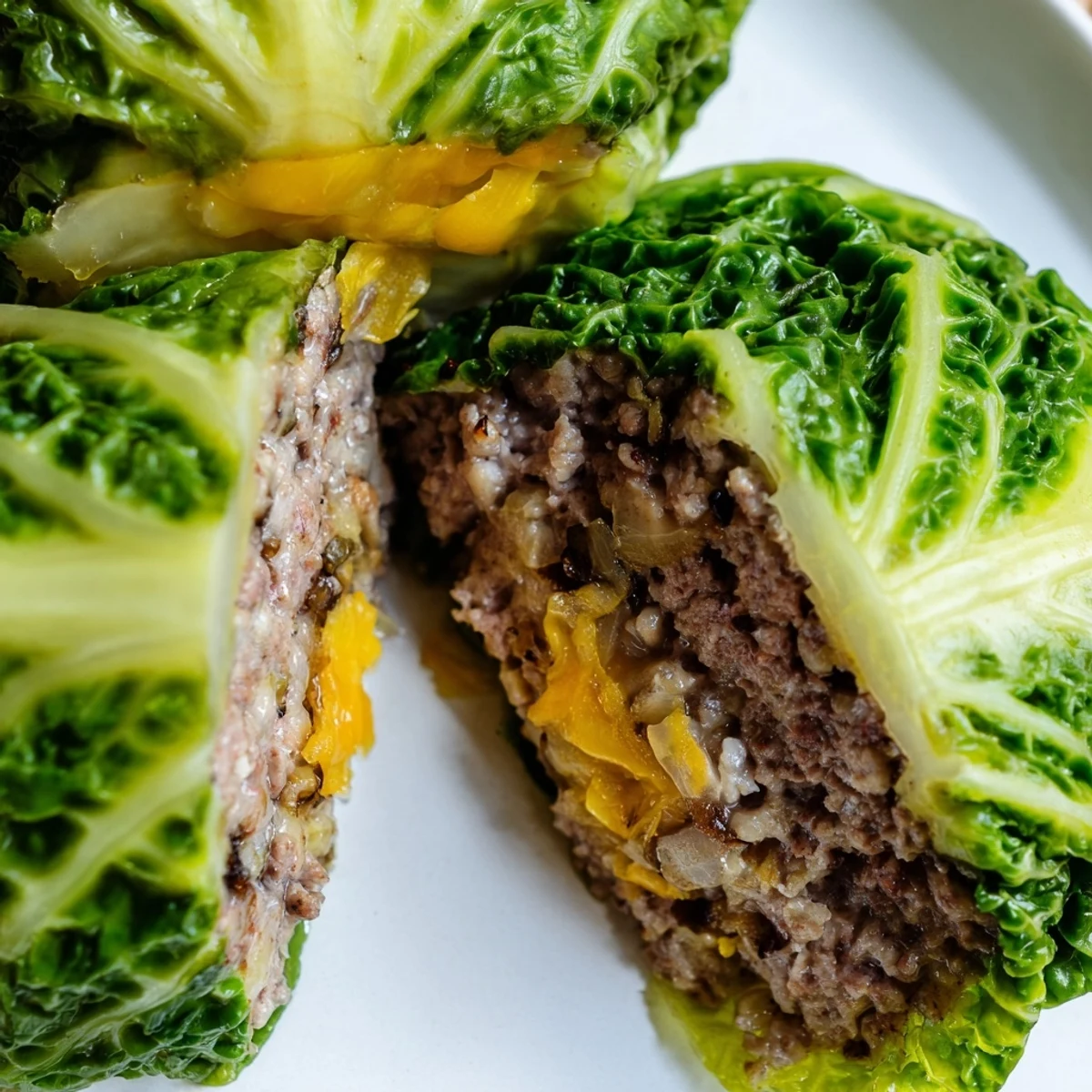 Juicy ground beef patty wrapped in tender green cabbage leaves, fresh from the oven
