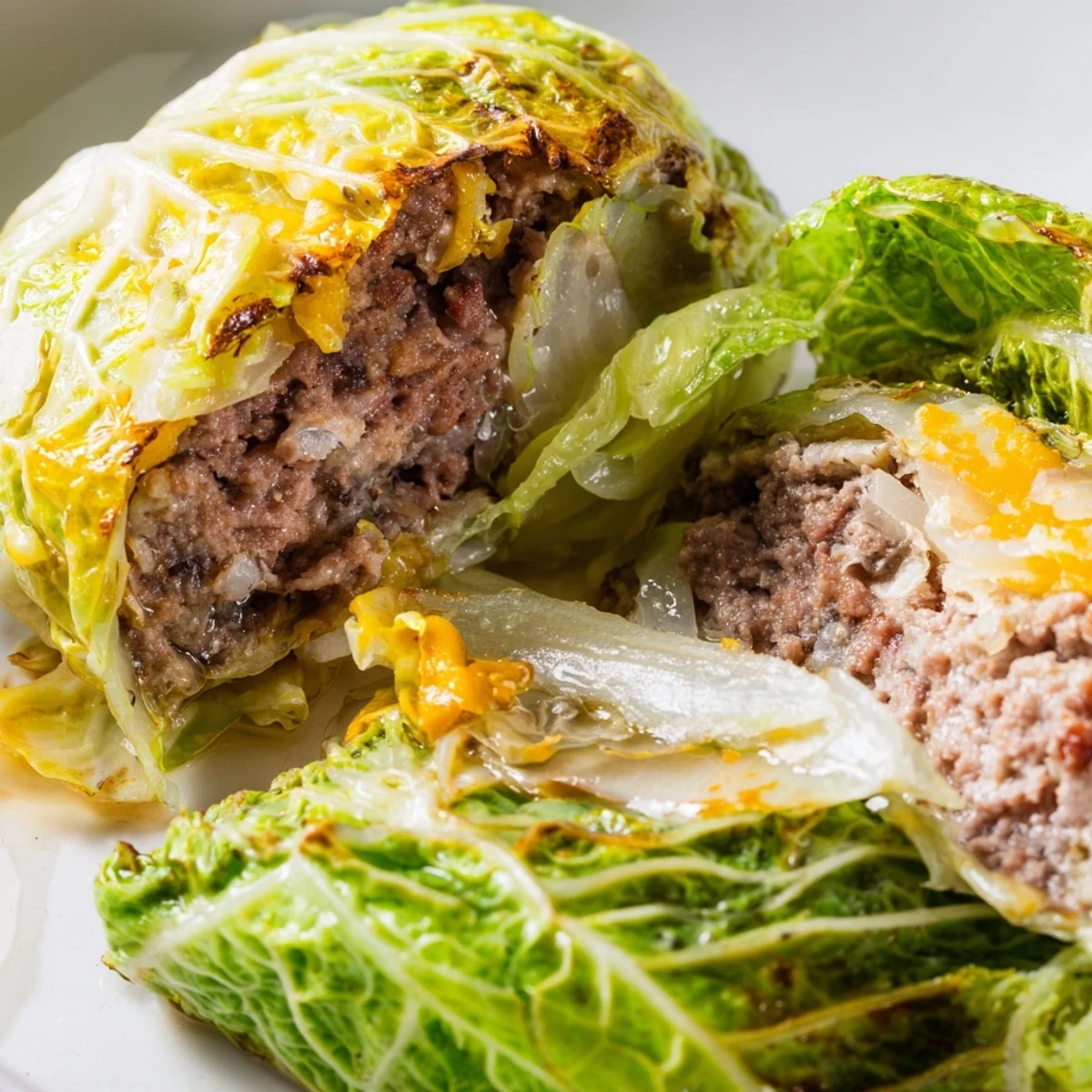 Golden brown oven baked cabbage burger with melted cheddar on white baking sheet