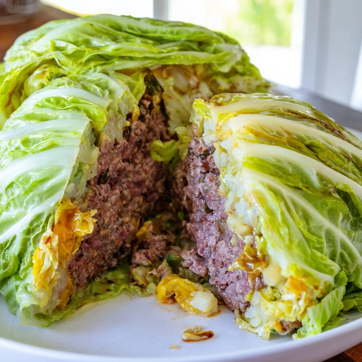 Low carb oven baked cabbage burger plated with garnish, bun-free healthy dinner option