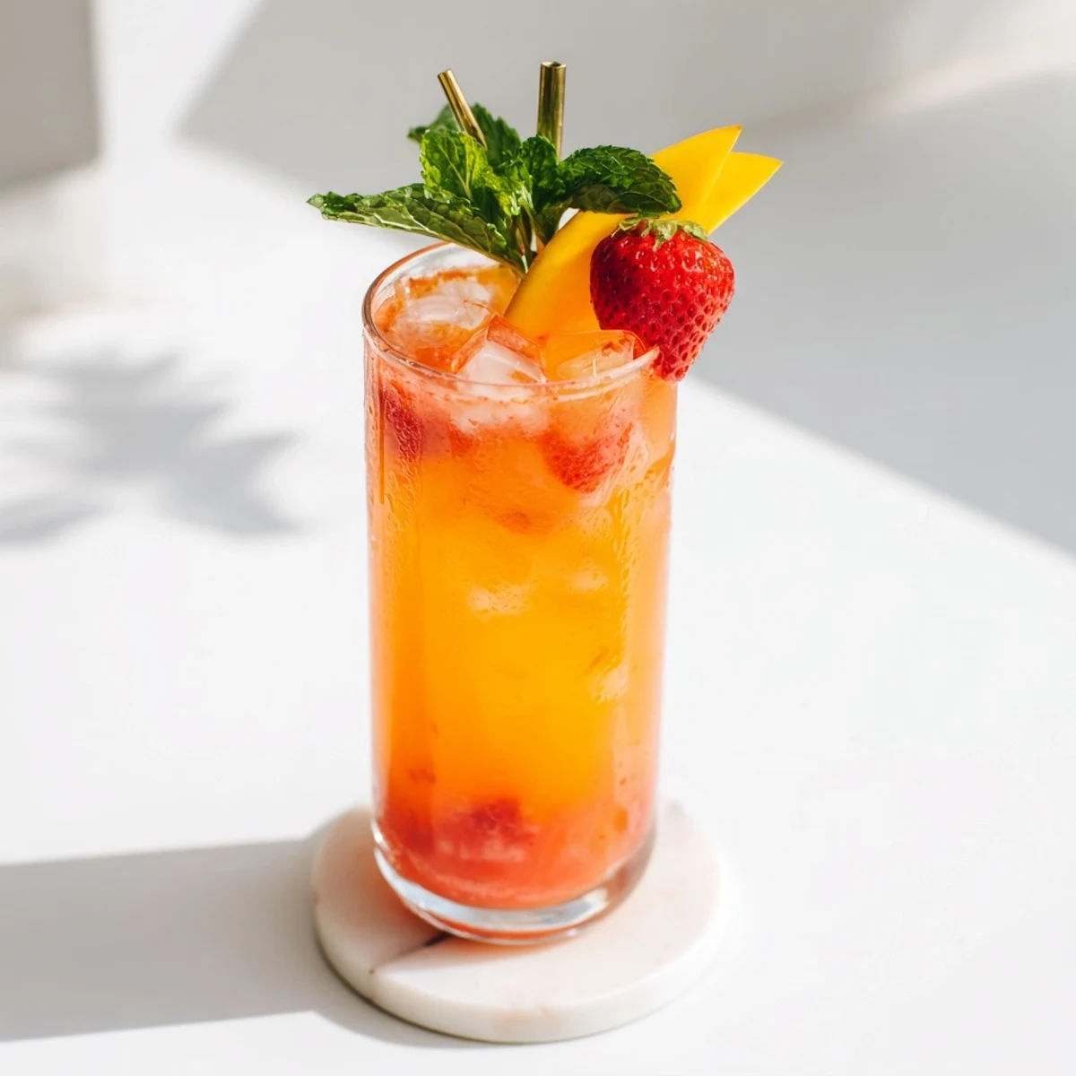 Golden mango strawberry lemonade garnished with fresh mint slices and floating ice cubes in a clear glass pitcher