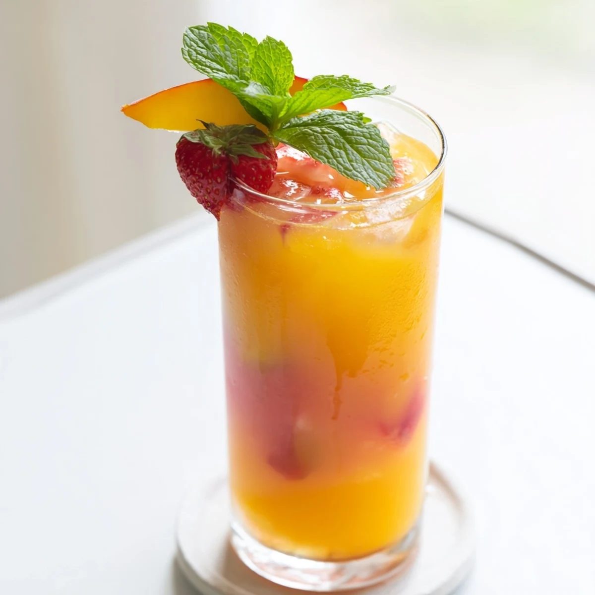 Vibrant summer drink blending sweet mango and fresh strawberries topped with colorful fruit skewers and lemon wheels