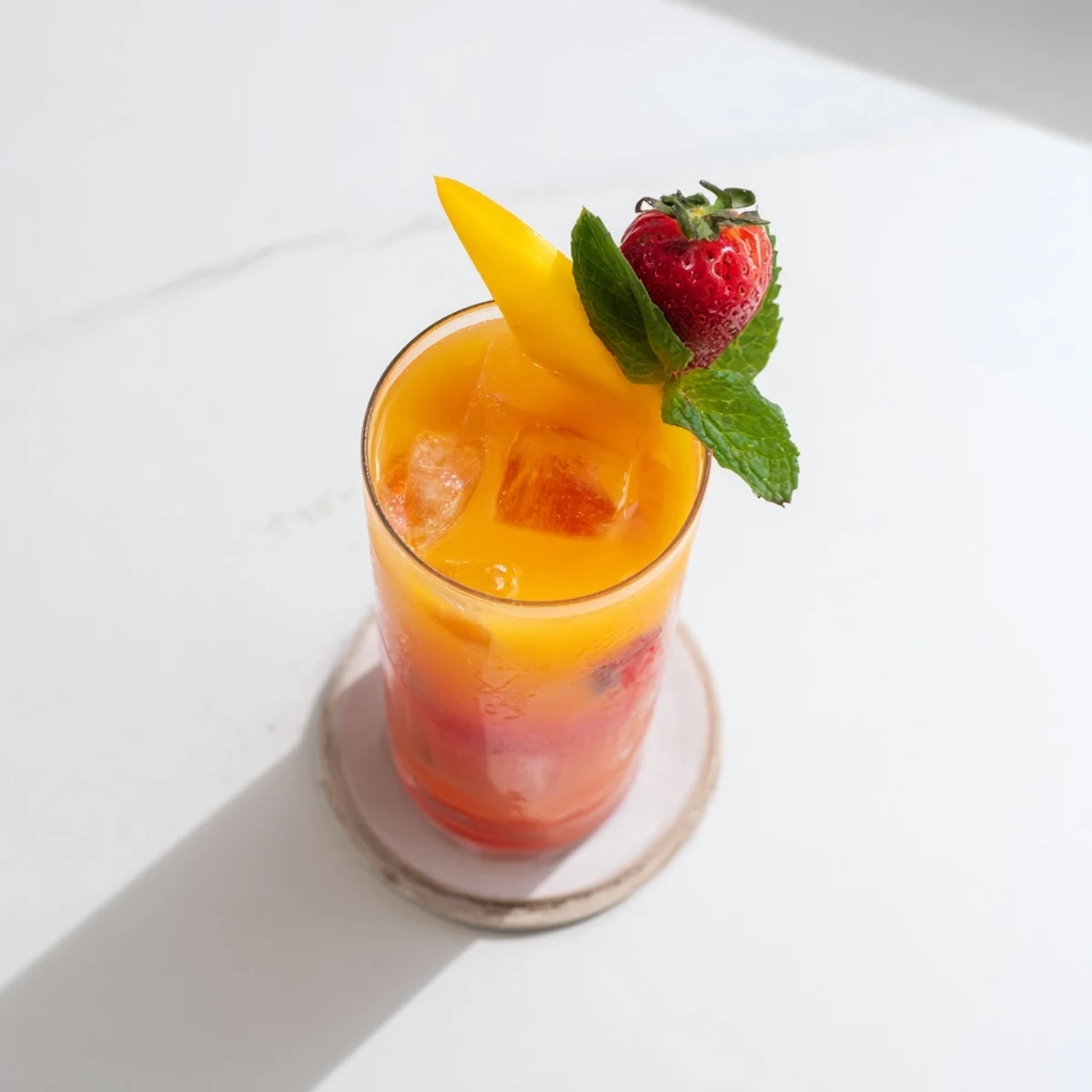 Refreshing mango strawberry lemonade served over ice with mint sprigs on a sunny wooden table setting