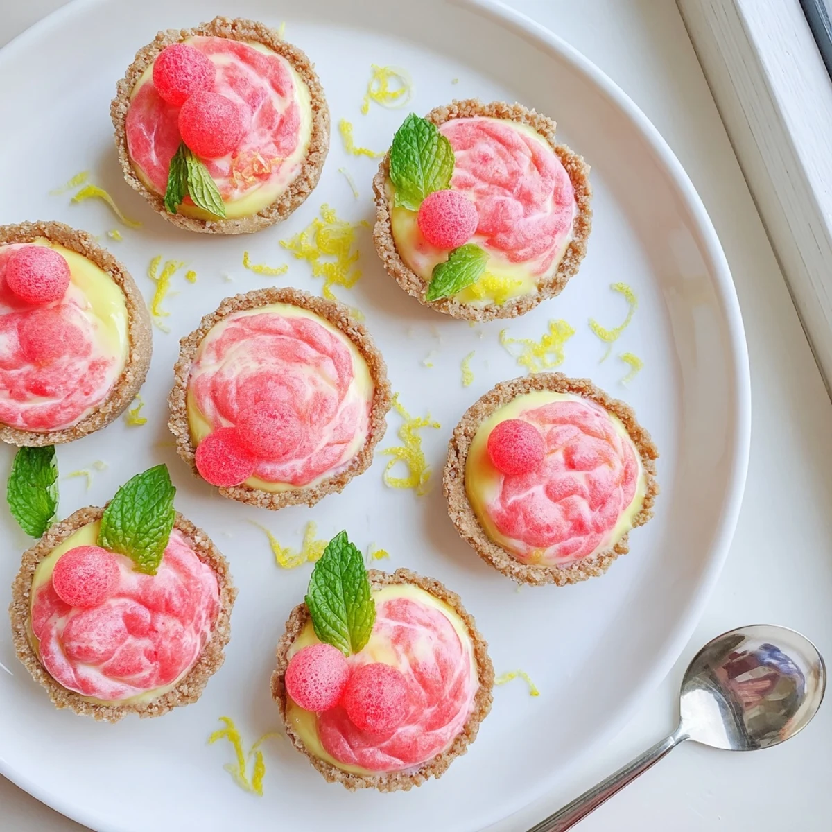 Frozen watermelon lemon cream tarts with vibrant pink layers in golden graham cracker shells topped with fresh mint