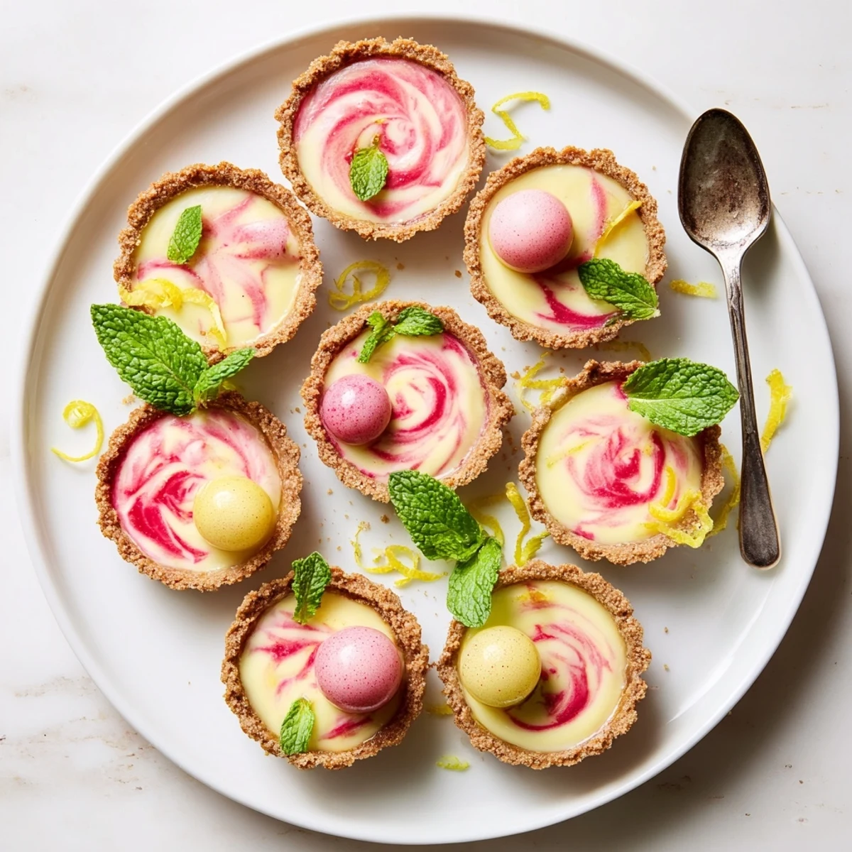 Refreshing frozen watermelon lemon cream tarts with marbled pink and cream filling in crisp mini tart shells