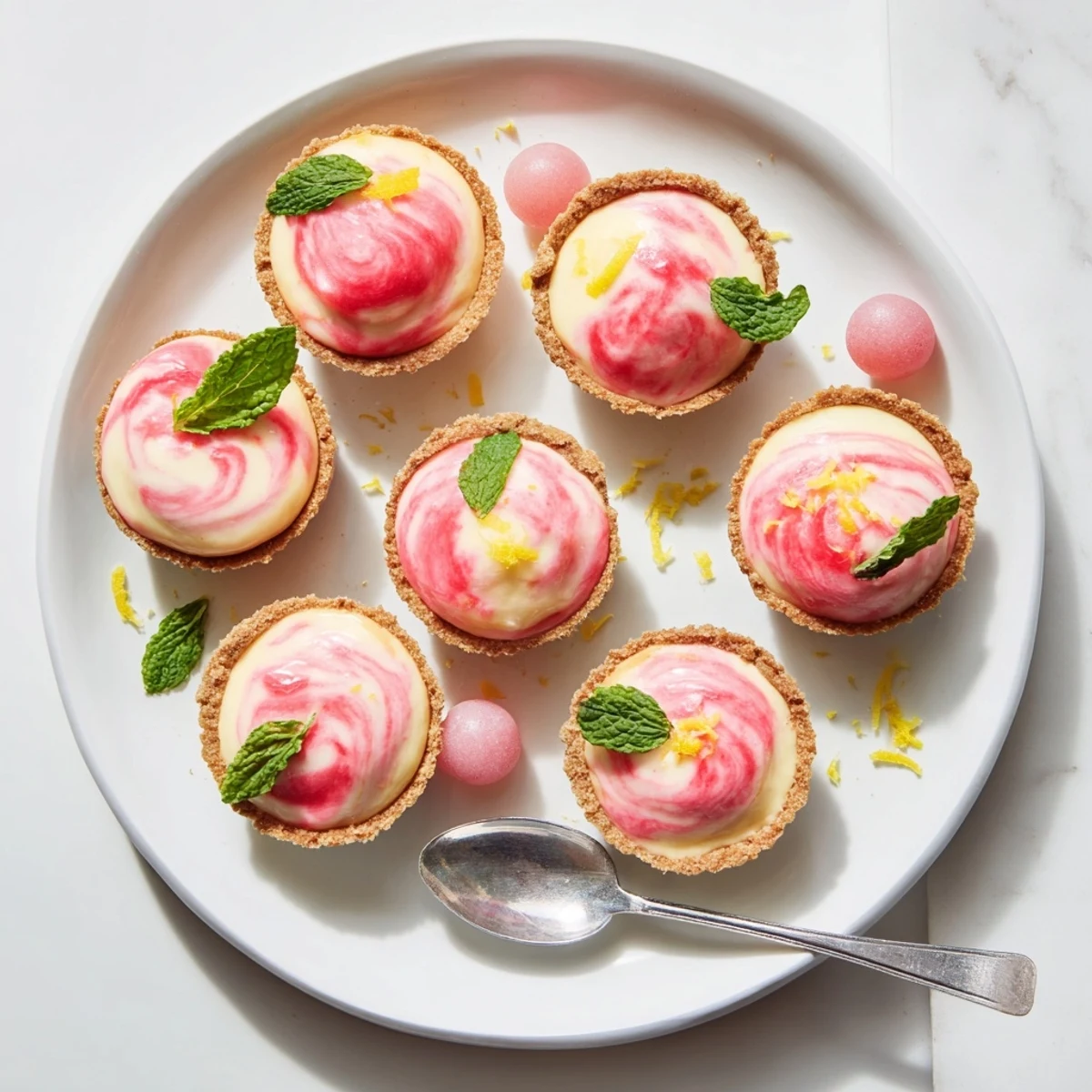 Swirled frozen watermelon lemon cream tarts served on a white plate with zesty garnish for summer dessert