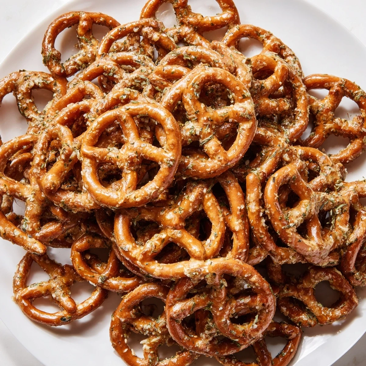 Golden brown pretzels coated in zesty dill pickle ranch seasoning on a white serving platter